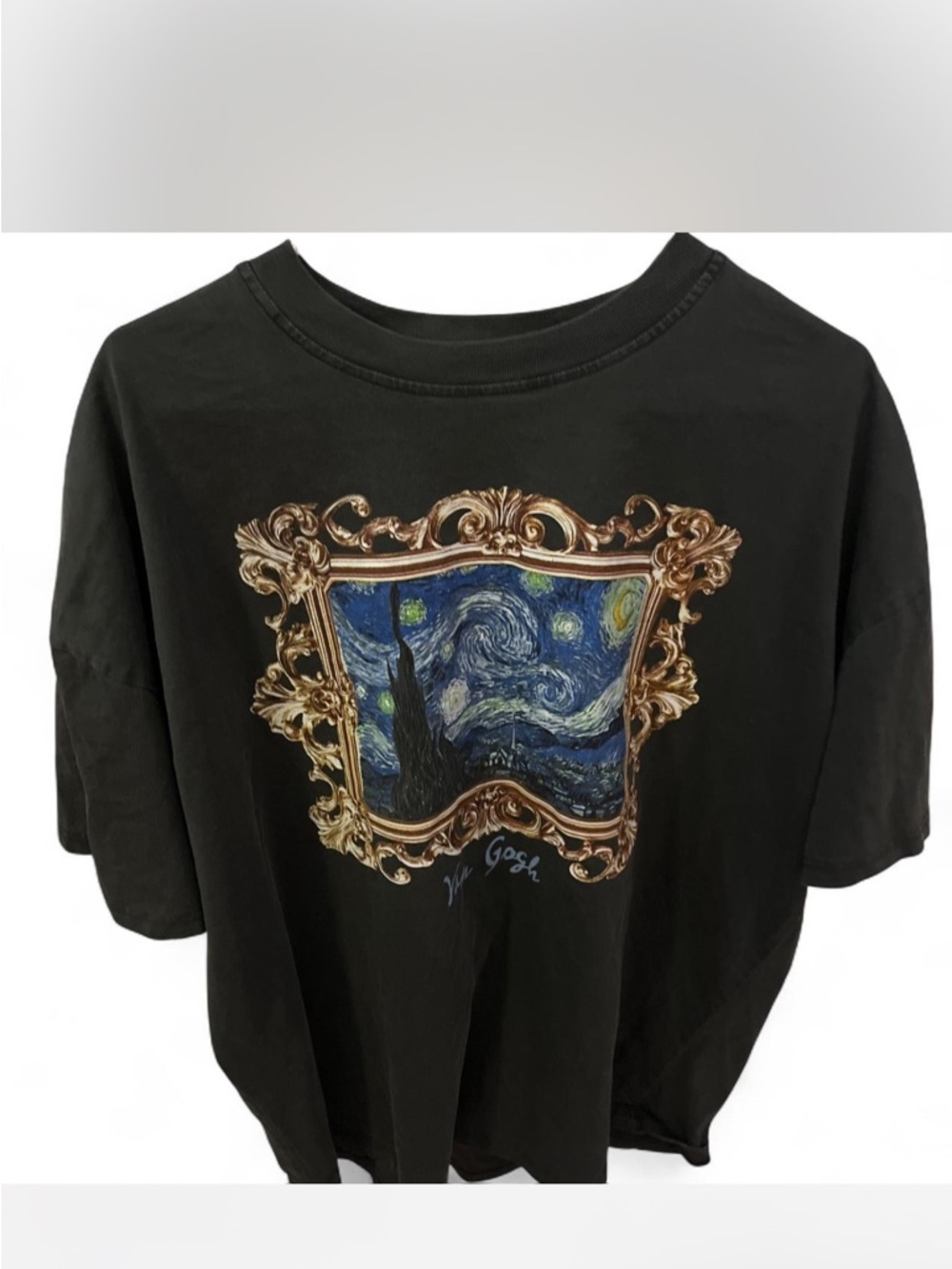 Fashion Nova Black Graphic Tee with Gold Frame and Blue Starry Print